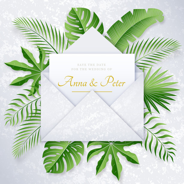 珍珠色婚礼海报与热带树叶图片下载
