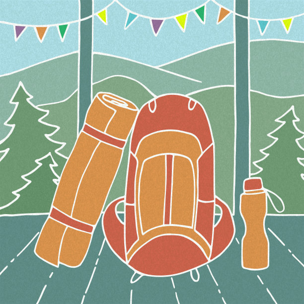 彩色的背包卡片、瑜伽垫和瓶子放在山上小屋的露台上图片下载