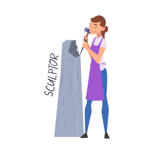 年轻女子雕塑家使雕塑与锤子和凿子，创造性的爱好或职业卡通风格矢量插图在白色的背景图片下载