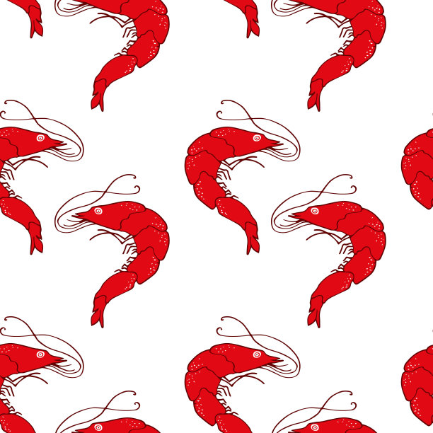 白色背景上的红色虾无缝图案。卡通风格，矢量插图图片下载