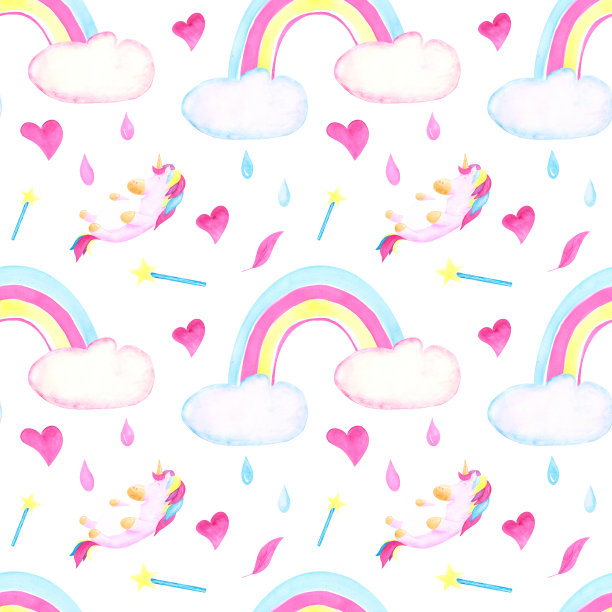 水彩独角兽，彩虹，云彩，树叶，心，水滴和魔术棒无缝图案的白色背景。手绘彩色卡通插图。公主无休止的打印。图片下载