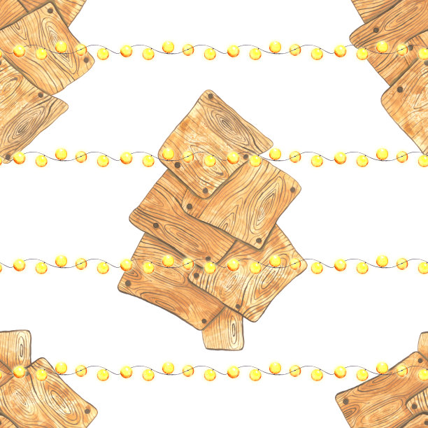 水彩灯花环和木制圣诞树无缝模式上的白色背景。晚会、节日装饰、浪漫庆典、户外庭院灯光印不尽。图片下载