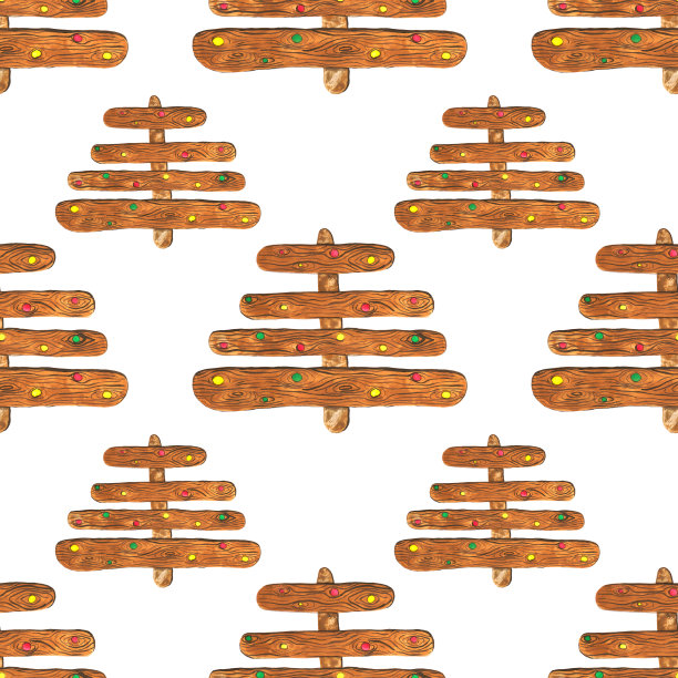 水彩木制圣诞树无缝模式的白色背景。寒假质朴元素层出不穷。图片下载