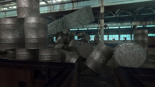 Сoncrete在一次地震中，一个废弃工厂的石块落在了石油桶上图片下载