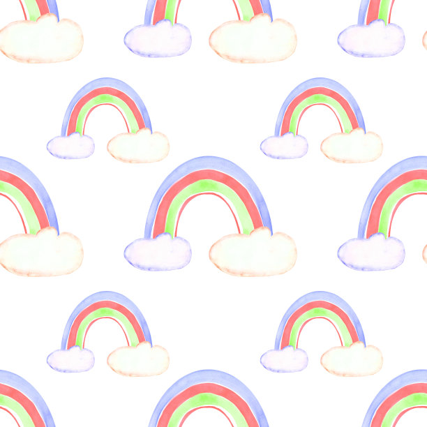 手绘水彩彩虹和云彩无缝模式上的白色背景。可爱无尽的印花为您的设计。彩色的壁纸。图片下载