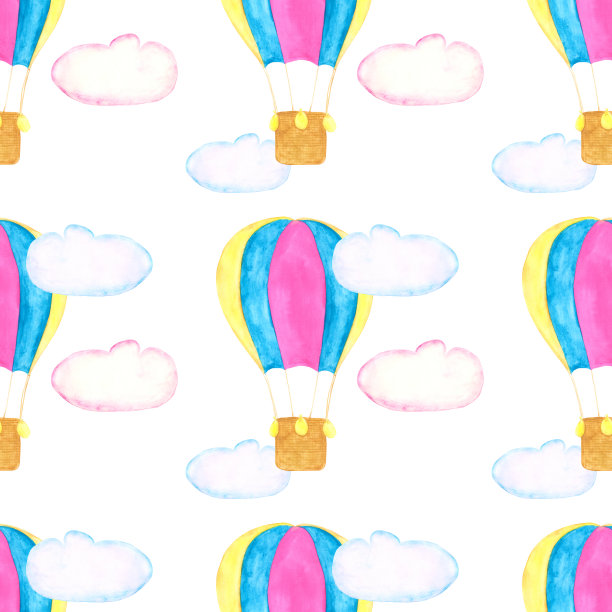 彩色的热气球，粉红色和蓝色的云彩在白色的背景无缝图案。水彩浮空器在天空与云彩无尽的打印为您设计。可爱的壁纸。图片下载