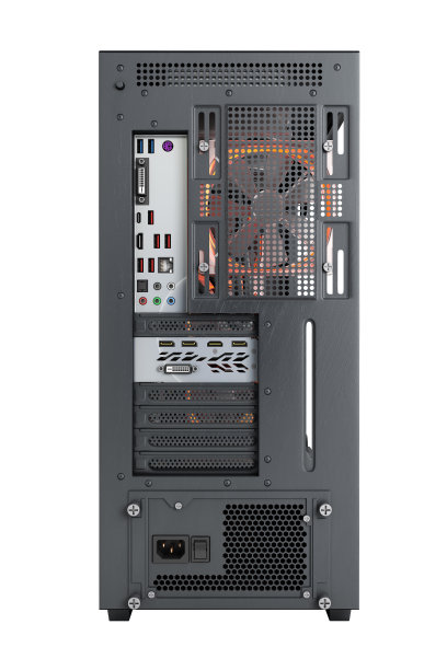 打开电脑与红色灯光效果和水冷冷却系统后视图白色背景3d渲染没有阴影图片下载