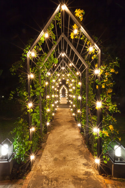 带有金色灯光的浪漫栈道，夜间栈道图片下载