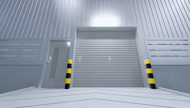 3d渲染机库建筑外部和卷帘门和铺砖地板在晚上的时间。图片下载