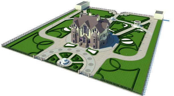 庭院景观设计插图，空中透视3d插图图片下载