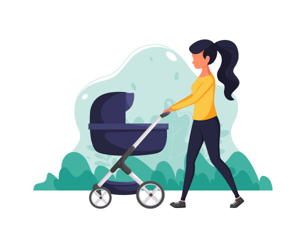 以自然为背景的婴儿车妇女。为母亲，家庭生活方式的概念插图。矢量插图在平面风格。图片下载