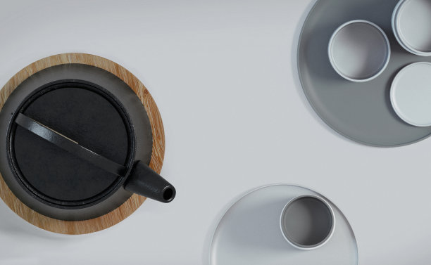 现代的黑色铸铁茶壶和茶杯和极简的木白色桌子。俯视图，茶点时间。3 d渲染。图片下载