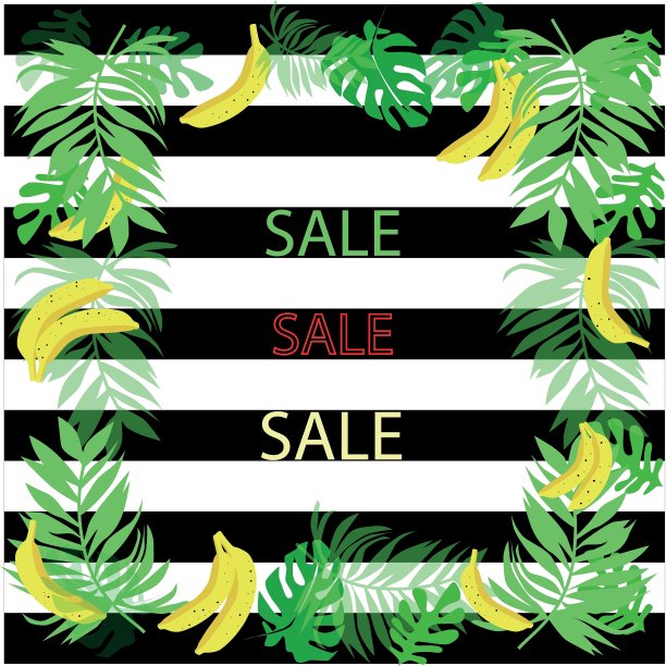 夏日特卖插图卡，附有热带水果和树叶图片下载