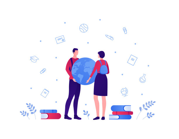 在线全球教育理念。矢量平面人插图。两个学生男人和女人用背包抱着地球。设计学院和学校的网站，横幅，信息图表图片下载