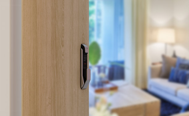 模糊客厅前的电子门锁图片下载