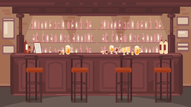 酒吧的内部。有酒精饮料的酒吧。没有人。复古的木桌上。复古风格的背景。棕色的木质酒吧。图片下载