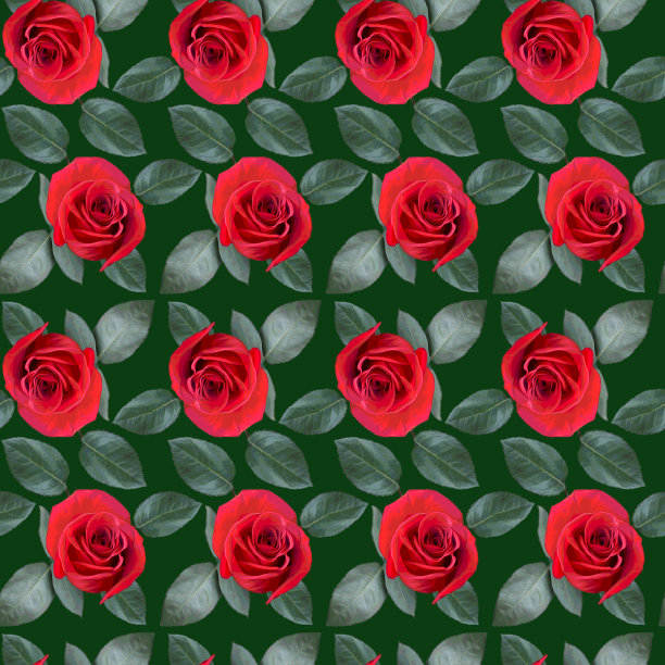 无缝图案与红玫瑰花和绿色的叶子在绿色的背景。五彩缤纷的花卉纹理。光栅插图。图片下载