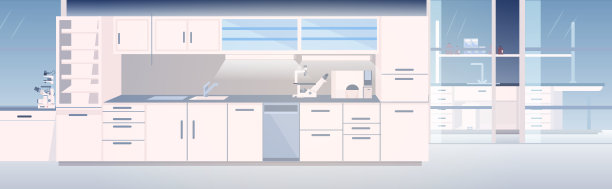 现代实验室室内空无一人，化学实验室与家具水平图片下载