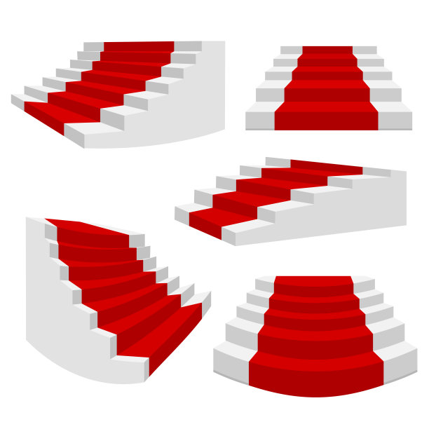 白色的楼梯上铺着红地毯。楼梯隔离，室内楼梯的3d楼梯。阶梯架构元素向量集合图片下载