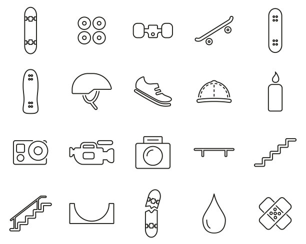 滑板极限运动和设备图标黑和白细线设置大图片下载