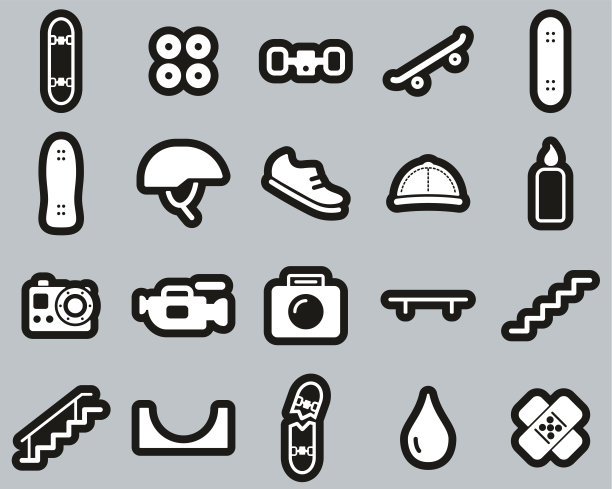 滑板极限运动和设备图标白色白色贴纸设置大图片下载