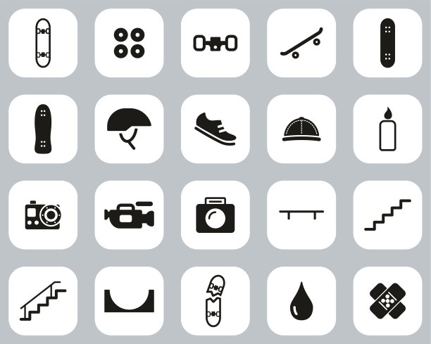 滑板极限运动和设备图标黑色和白色平面设计集大图片下载