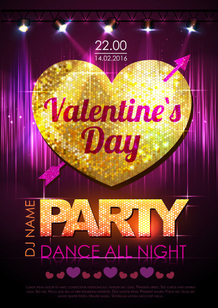 爱的心背景。情人节迪斯科派对海报图片下载