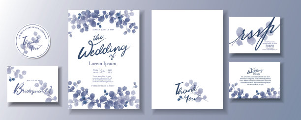 准备使用婚礼卡片模板。桉树水彩邀请设计。花和水彩背景。植物元素，植物水彩插图。婚礼的模板。/说明图片下载