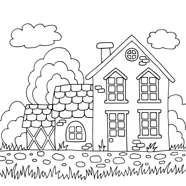 可爱的乡村老房子在夏日的大自然中，涂色书页图片下载