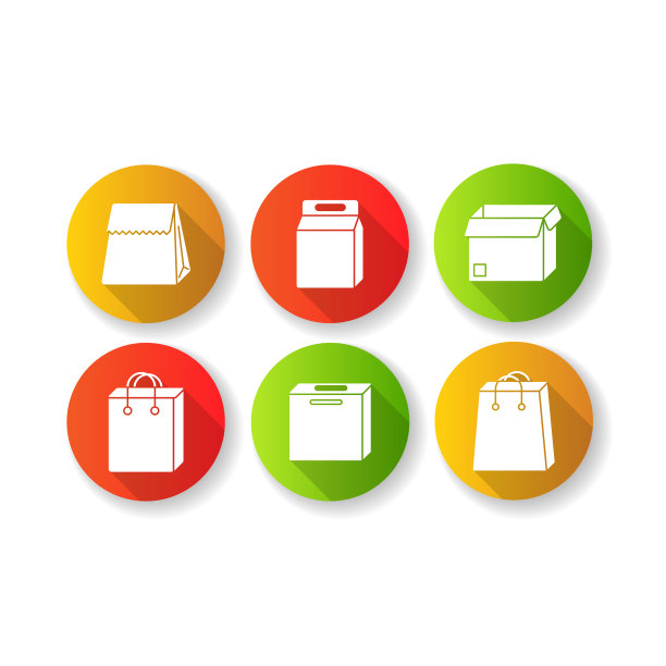 纸制食品包装平面设计长影字形图标集。纸板箱，产品袋，食品袋。午餐、杂货店用的一次性容器。剪影RGB彩色插图图片下载