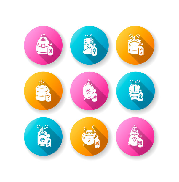 空气净化器，滤清器平面设计长阴影字形图标集。气候控制设备，加湿器，家用电器，室内湿度调节器。剪影RGB彩色插图图片下载