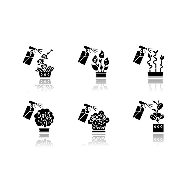 室内园艺工具和材料下降阴影黑色字形图标集。花园库存。室内植物护理设备。照料驯化的植物。孤立的矢量插图上的空白图片下载