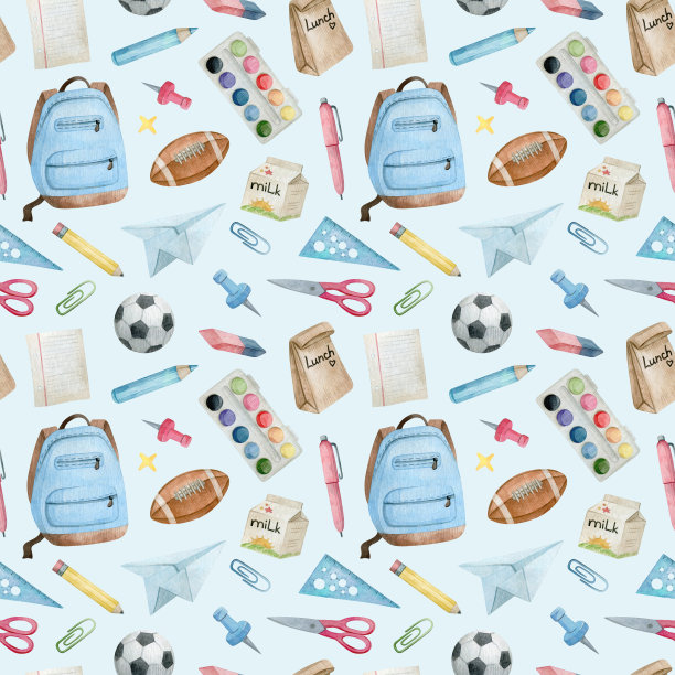 水彩无缝图案与学校和办公用品和工具。教育所需的物品。背包，曲别针，颜料，笔记本，笔。回到学校。背景纺织，覆盖，包装图片下载