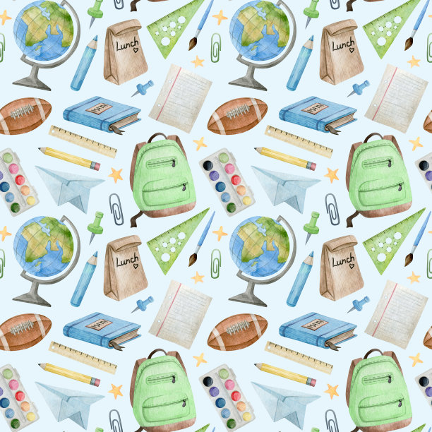 水彩无缝图案与学校和办公用品和工具。教育所需的物品。背包，曲别针，颜料，笔记本，笔。回到学校。背景纺织，覆盖，包装图片下载