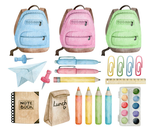 水彩画集学校和办公用品和工具。背包，钢笔，铅笔，回形针，颜料，尺子，笔记本，午餐。教育所需的物品。图片下载