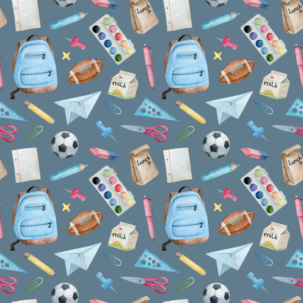 水彩无缝图案与学校和办公用品和工具。教育所需的物品。背包，曲别针，颜料，笔记本，笔。回到学校。背景纺织，覆盖，包装图片下载