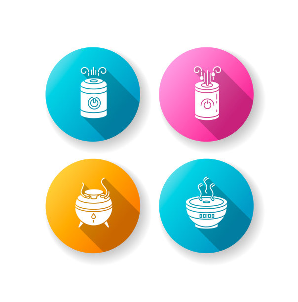 空气加湿器，油扩散器平面设计长阴影字形图标集。简约的空气净化器，气候控制设备，场所湿度调节器。剪影RGB彩色插图图片下载