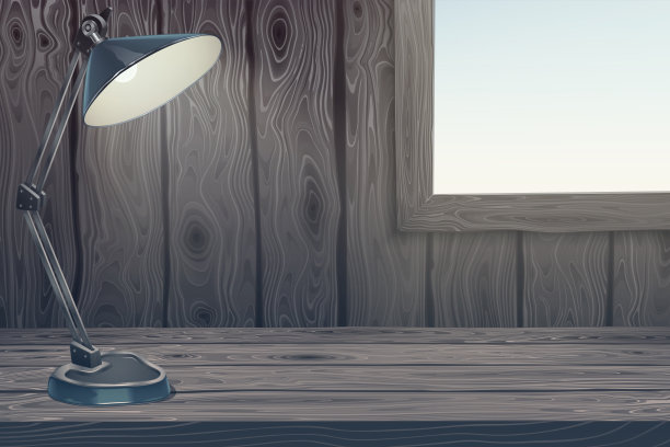 房间模板中有台灯、木墙和透光窗的写字台。办公室工作地点为远程办公，村内自我隔离大流行检疫研究室内。矢量插图。图片下载