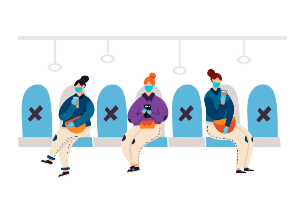 新现实社会距离概念矢量插图。戴着面罩和手套的扁平女性在地铁座椅上保持距离。用于横幅，海报，登陆页。图片下载