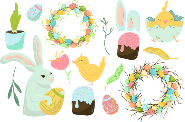 设置可爱的复活节设计元素兔子小鸡图片下载