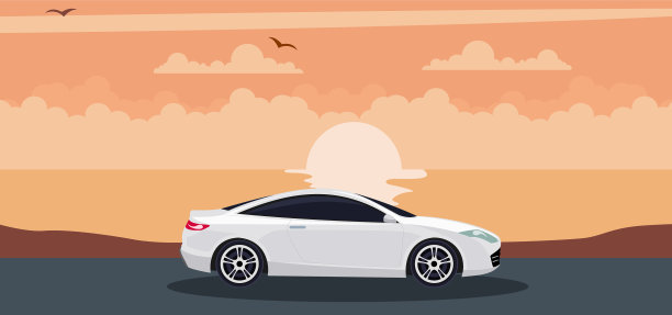 白色的汽车背景在日落的海滩图片下载