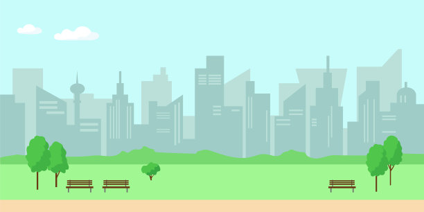 城市景观与建筑，树木和长凳图片下载