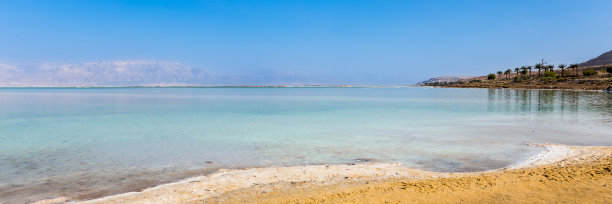 死海海岸线景观：日落时分的盐晶体和纹理，全景Web banner图片下载