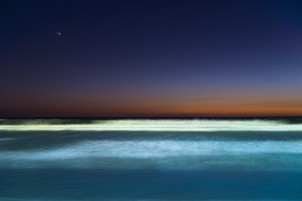 海洋。模糊长时间曝光。照片看起来像画的颜色。夜空中的星星。圣地亚哥海滩。加州。图片下载