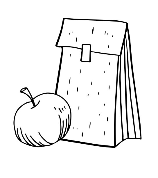 苹果和纸袋作为食物。手绘轮廓矢量草图插图图片下载