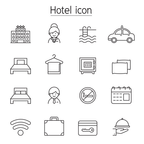 酒店图标设置在细线风格图片下载