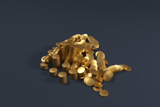 金币堆落在蓝色的背景。赢富数据。3D创意创意概念。图片下载