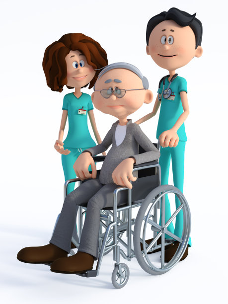 3D渲染的卡通医生和护士与轮椅上的老人。图片下载