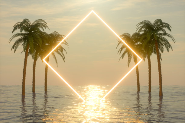 空框架霓虹灯与海上棕榈树，夏季概念图片下载