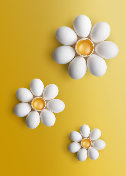 黄色背景上以花状排列的一组鸡蛋图片下载